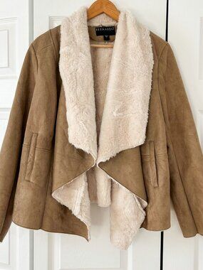 Bernardo Faux Shearling Draped Jacket Womens 1X Tan Open Front Coat EUC